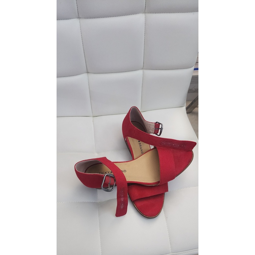 Lucky Brand Womens Red Canvas Ankle Strap Wedge Sandals Size 7M Low Heel Shoes